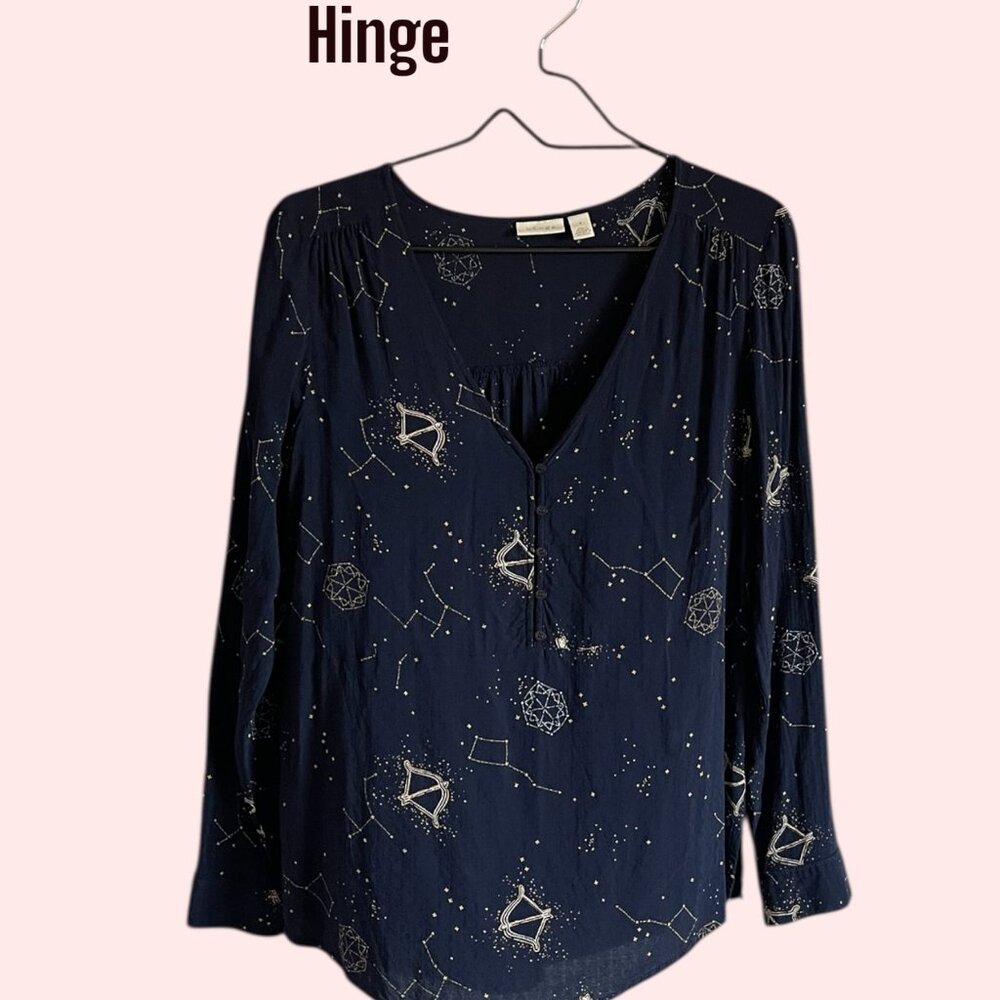 Hinge Dark Blue Constellation Blouse Size S Long Sleeve V-Neck